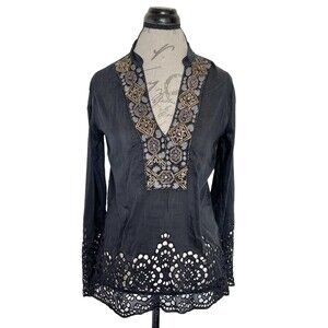 Hale Bob Cabana Blouse Popover Black Beads, Rhinestones, Embroidered Sz Small